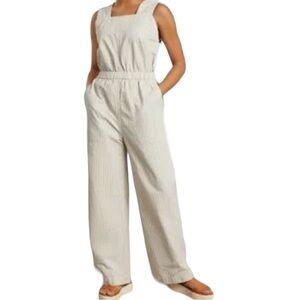 Everlane Fatigue Apron Front Jumpsuit Navy Stripe Womens Size 14 Organic Linen